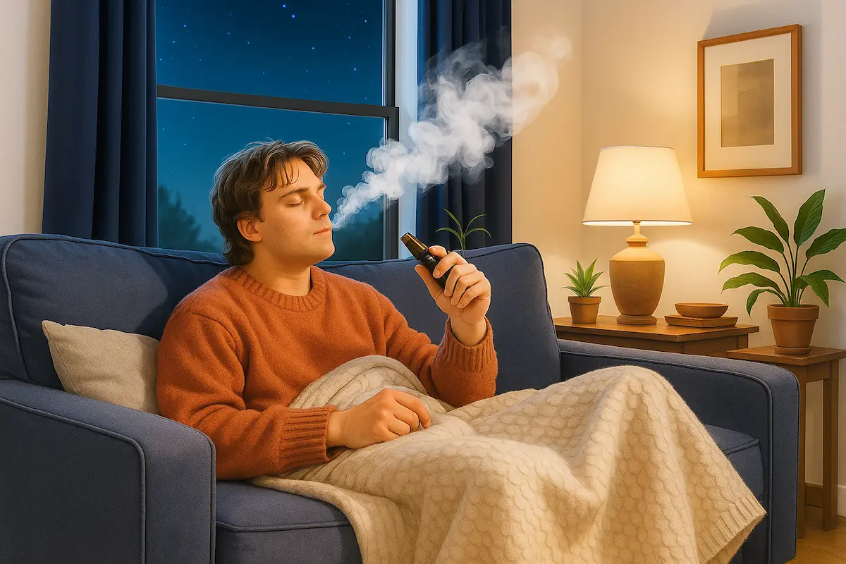 Relaxed person enjoying evening with cannabis bundle for nighttime use