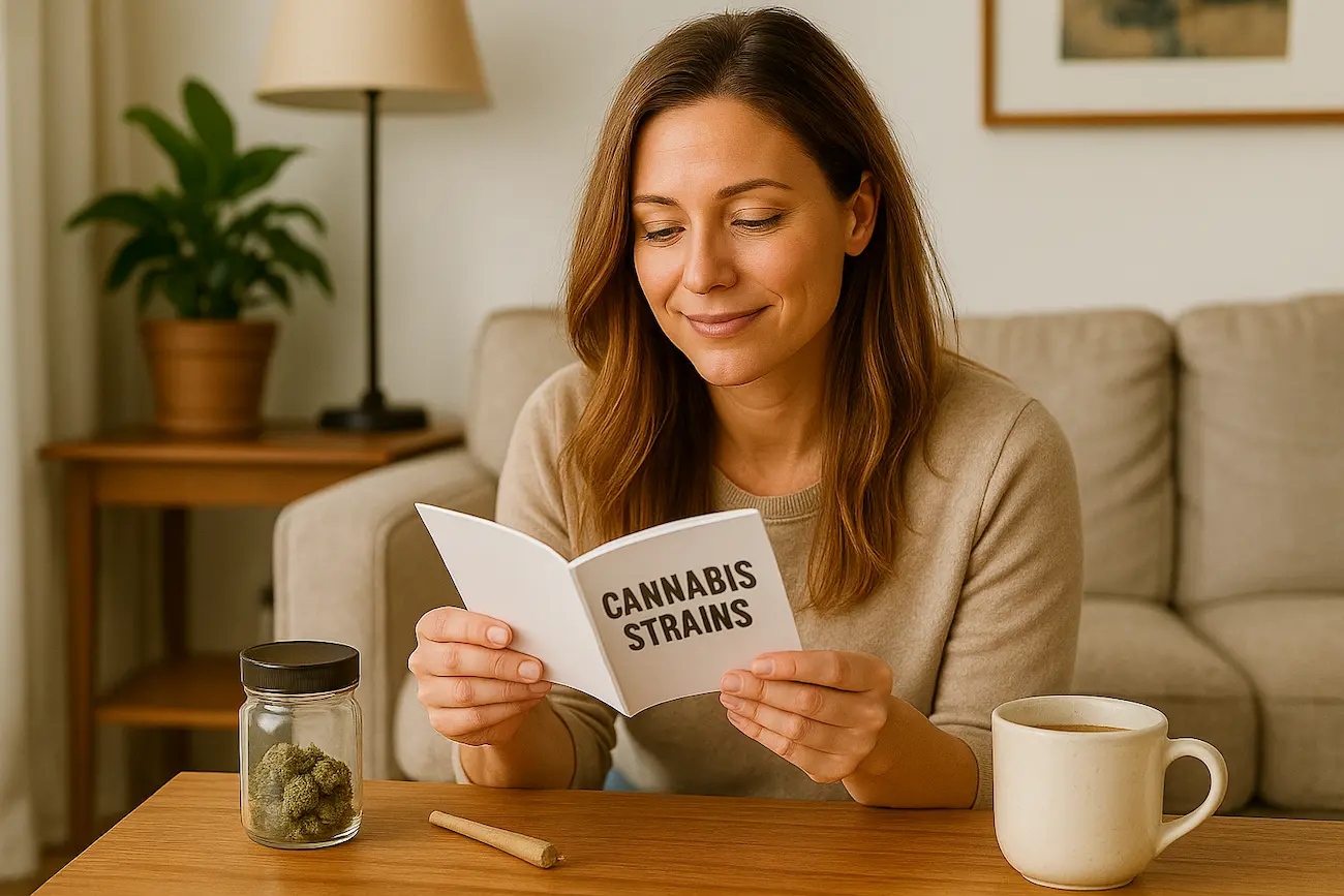 Older woman reading a beginner’s cannabis guide at home